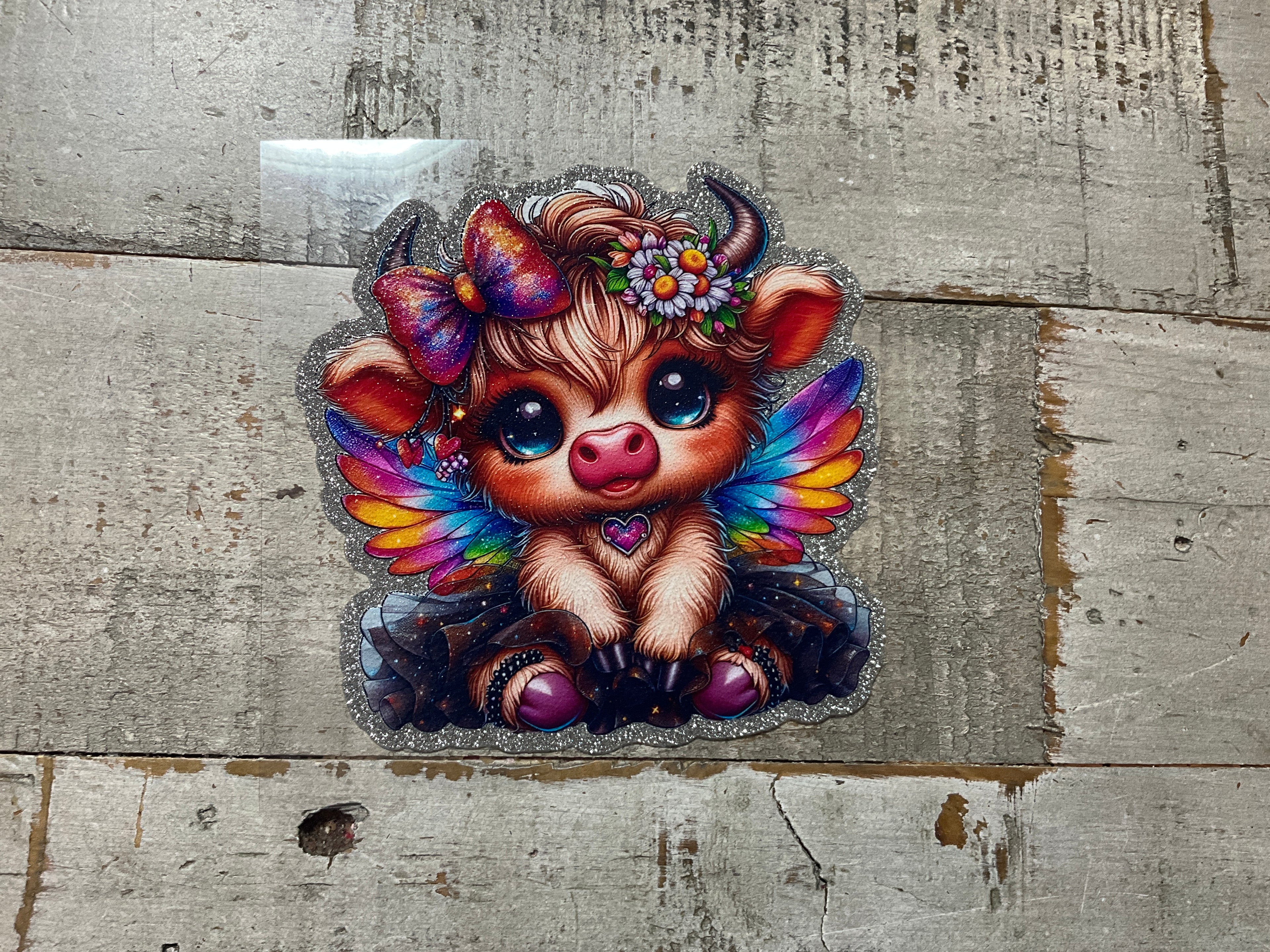 Rainbow wings highland cow glitter decal