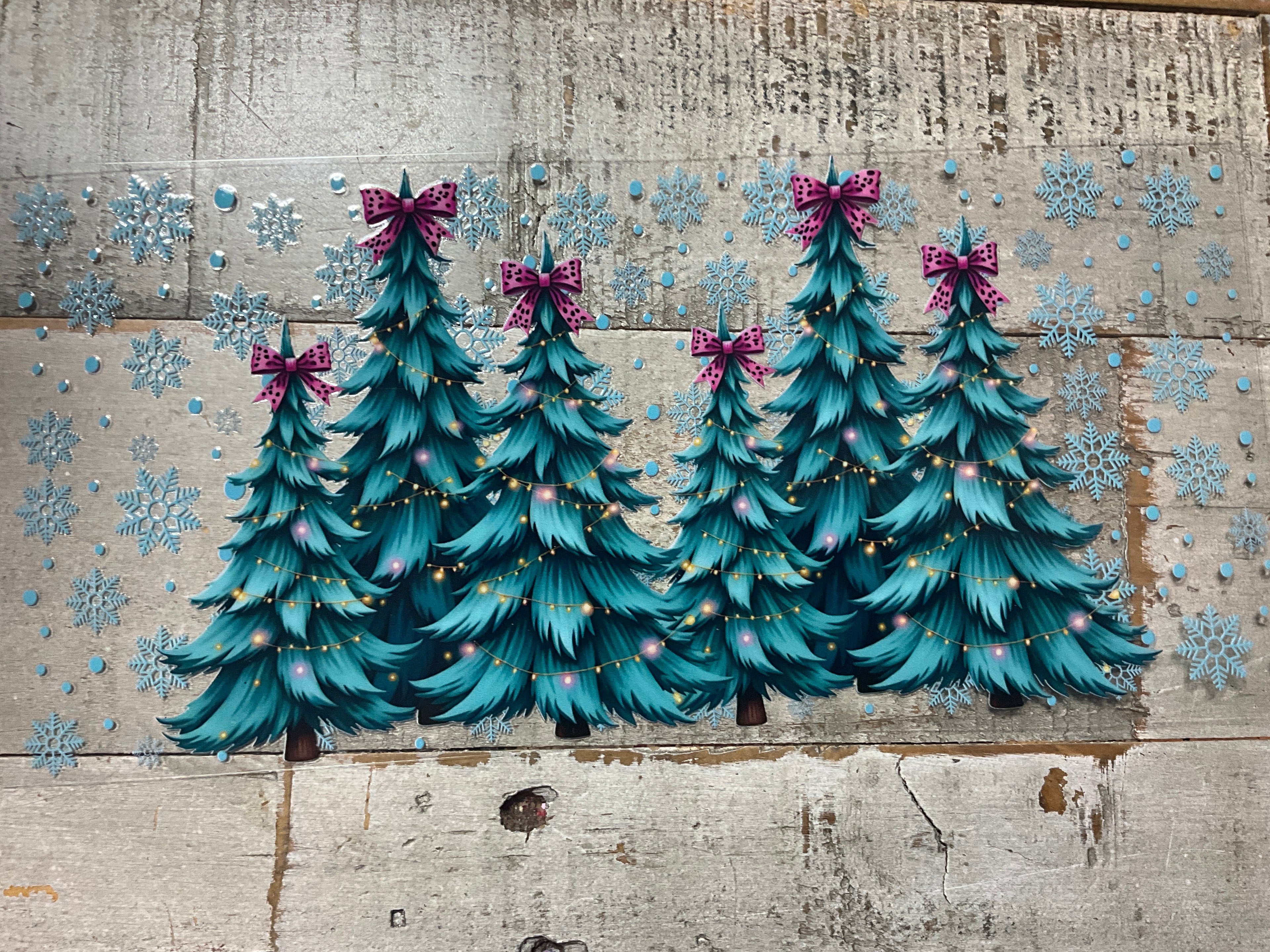 Teal Christmas trees and snowflakes